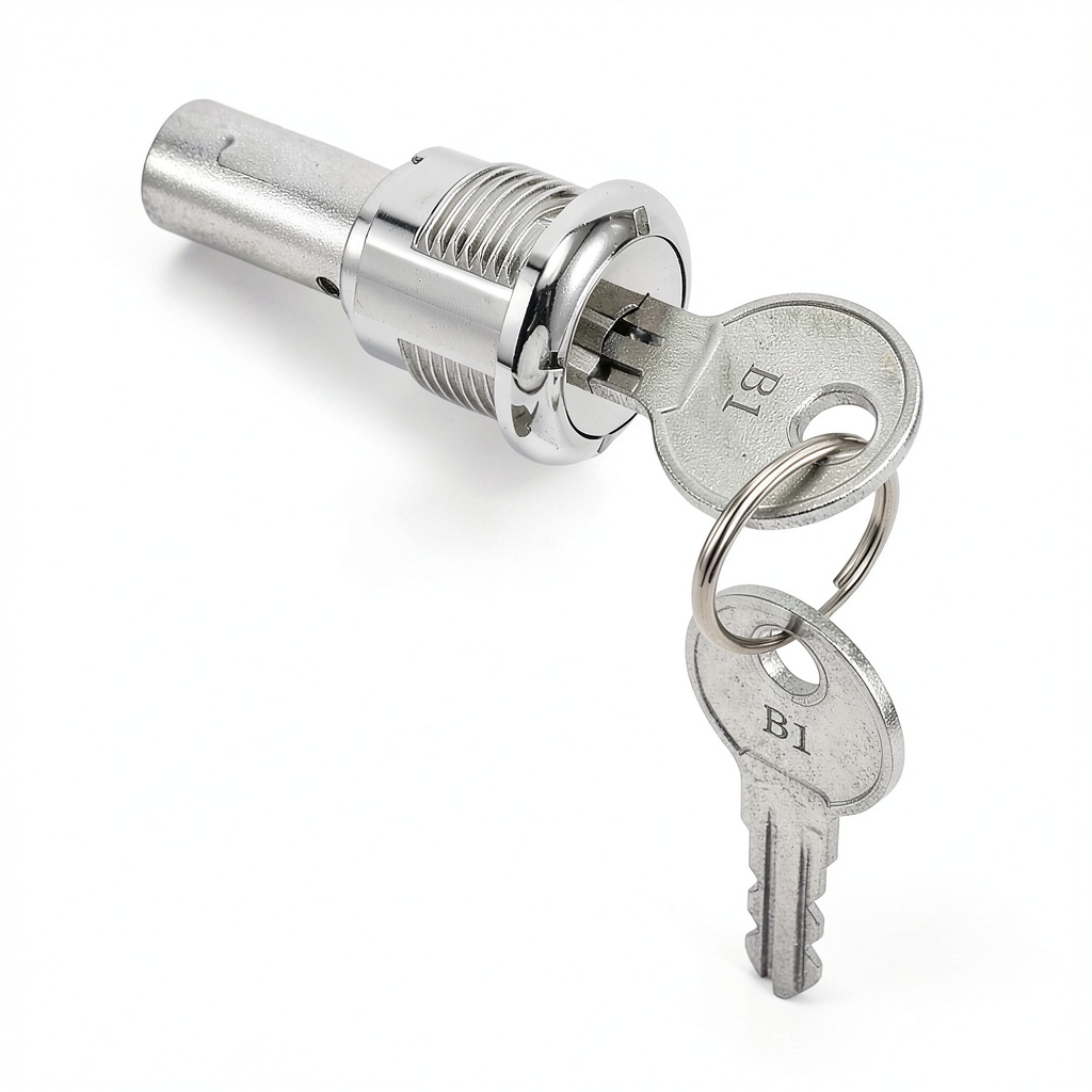 Installing STOBAZA 2.63in metal top cover vending machine key on a wooden service desk